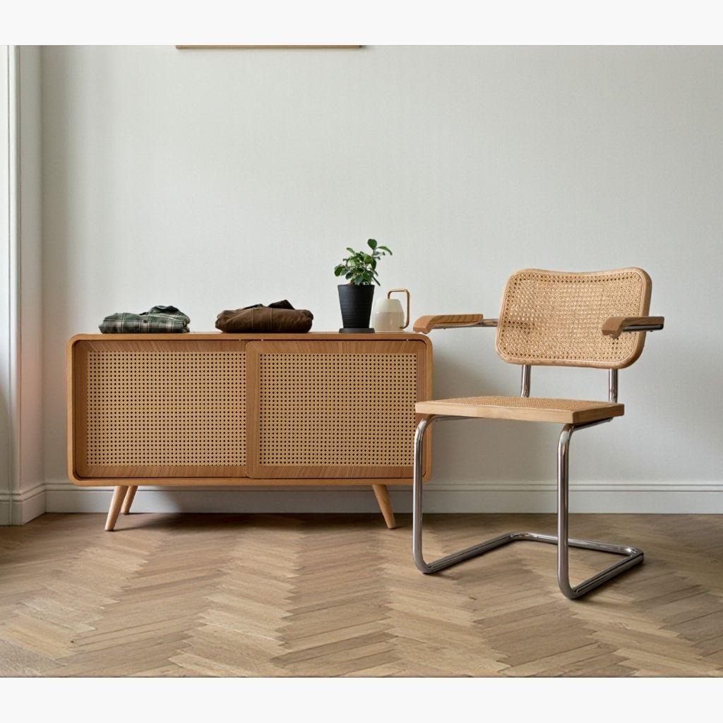 : Natural rattan webbing used on a modern furniture